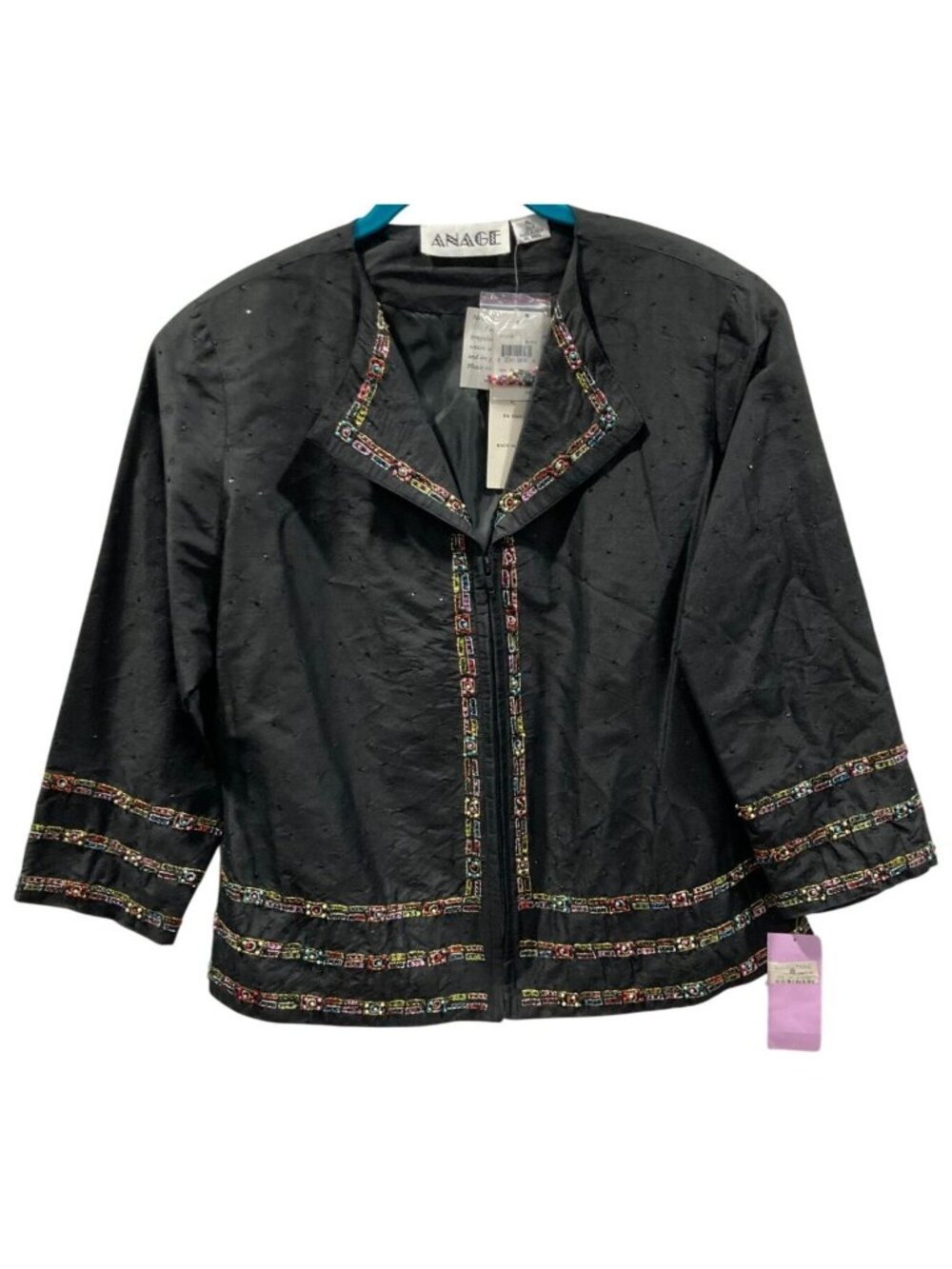 Vintage 90s Embellished Silk Jacket PL Black Glam Cocktail Dark Fairy Evening